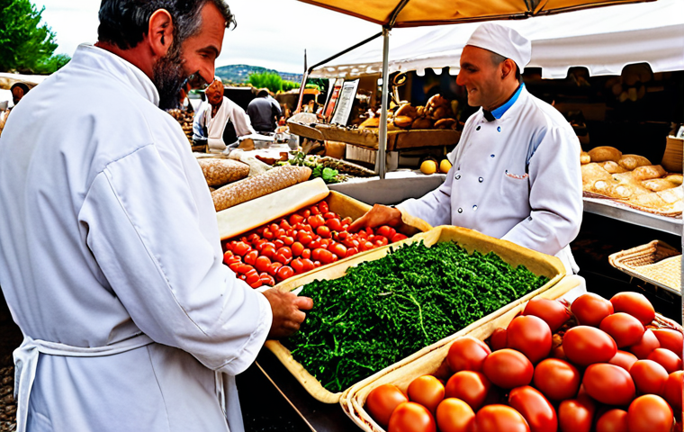 **

A vibrant, colorful food market in Provence, France. Focus on fresh, locally sourced produce: ripe tomatoes, fragrant herbs, crusty bread, and artisanal cheeses. In the background, a chef in a white coat is selecting ingredients, interacting with a friendly farmer. Capture the essence of "terroir" and the connection between the land and the plate. Warm, natural lighting.

**