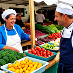 A professional chef, fully clothed in a clean, modest chef's jacket and apron, respectfully engaging with a local farmer at a vibrant, bustling outdoor market in rural France. The chef is carefully examining fresh, seasonal vegetables and artisanal cheeses displayed on wooden stalls. The farmer, in appropriate attire, is warmly conversing. Background shows other marketgoers and abundant, colorful produce. Perfect anatomy, correct proportions, natural pose, well-formed hands, proper finger count. Professional photography, high quality, natural lighting. Safe for work, appropriate content, fully clothed, family-friendly.