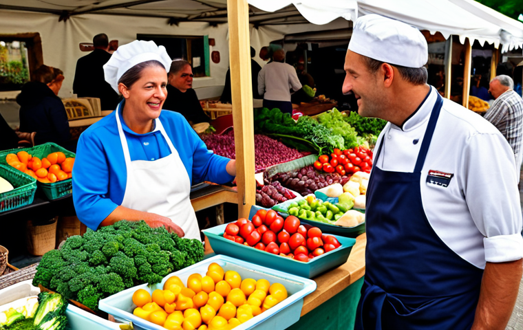 A professional chef, fully clothed in a clean, modest chef's jacket and apron, respectfully engaging with a local farmer at a vibrant, bustling outdoor market in rural France. The chef is carefully examining fresh, seasonal vegetables and artisanal cheeses displayed on wooden stalls. The farmer, in appropriate attire, is warmly conversing. Background shows other marketgoers and abundant, colorful produce. Perfect anatomy, correct proportions, natural pose, well-formed hands, proper finger count. Professional photography, high quality, natural lighting. Safe for work, appropriate content, fully clothed, family-friendly.