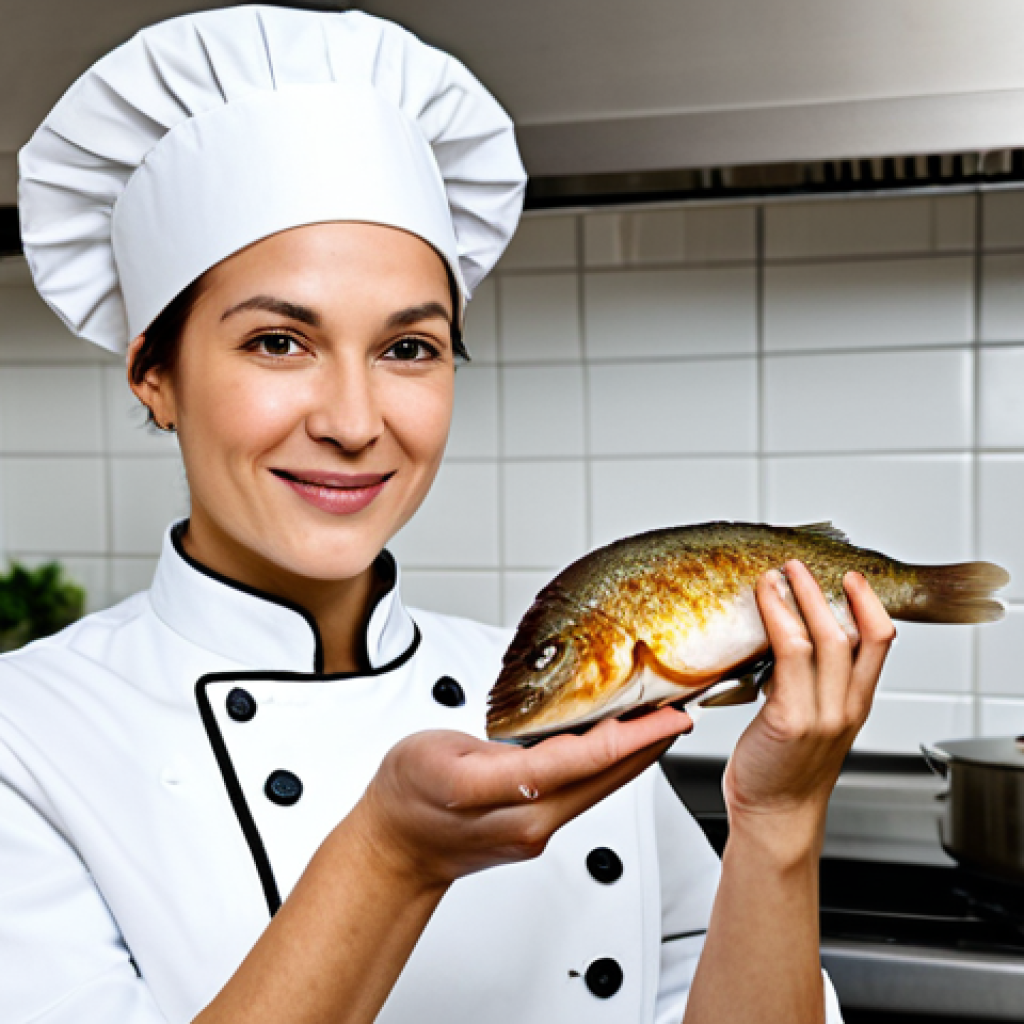 **

A professional female chef, fully clothed in a crisp white chef's coat and a traditional toque, stands proudly in a modern, well-lit Parisian kitchen. Stainless steel appliances gleam in the background. She is holding a perfectly plated "Filet de Sole Meunière" garnished with fresh herbs. Appropriate attire, safe for work, perfect anatomy, correct proportions, natural pose, well-formed hands, proper finger count, natural body proportions, professional photography, high quality, family-friendly, modest.

**
