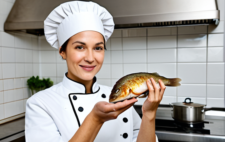 **

A professional female chef, fully clothed in a crisp white chef's coat and a traditional toque, stands proudly in a modern, well-lit Parisian kitchen. Stainless steel appliances gleam in the background. She is holding a perfectly plated "Filet de Sole Meunière" garnished with fresh herbs. Appropriate attire, safe for work, perfect anatomy, correct proportions, natural pose, well-formed hands, proper finger count, natural body proportions, professional photography, high quality, family-friendly, modest.

**