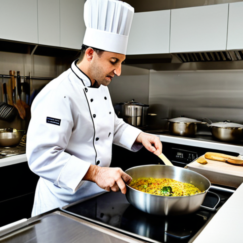 Culinary Workshop**

A professional chef, fully clothed in a clean, white chef's coat and hat, meticulously preparing a dish during a multicultural cooking workshop. The setting is a modern, well-lit kitchen studio with various international ingredients and cooking utensils visible. Other participants are in the background, also engaged in cooking. Focus on the chef's hands demonstrating a specific technique. Safe for work, appropriate content, professional, perfect anatomy, natural proportions, high quality photography.

**