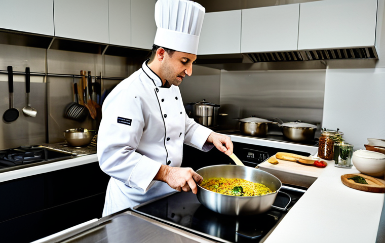 Culinary Workshop**

A professional chef, fully clothed in a clean, white chef's coat and hat, meticulously preparing a dish during a multicultural cooking workshop. The setting is a modern, well-lit kitchen studio with various international ingredients and cooking utensils visible. Other participants are in the background, also engaged in cooking. Focus on the chef's hands demonstrating a specific technique. Safe for work, appropriate content, professional, perfect anatomy, natural proportions, high quality photography.

**