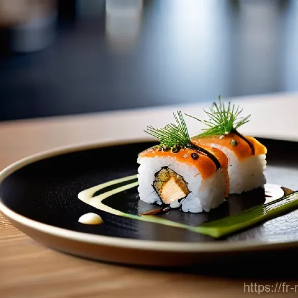 다문화 요리사와 퓨전 요리 사례 - **Franco-Asian Elegance: Foie Gras Maki Fusion**
    A sophisticated, close-up shot of a Franco-Asia...