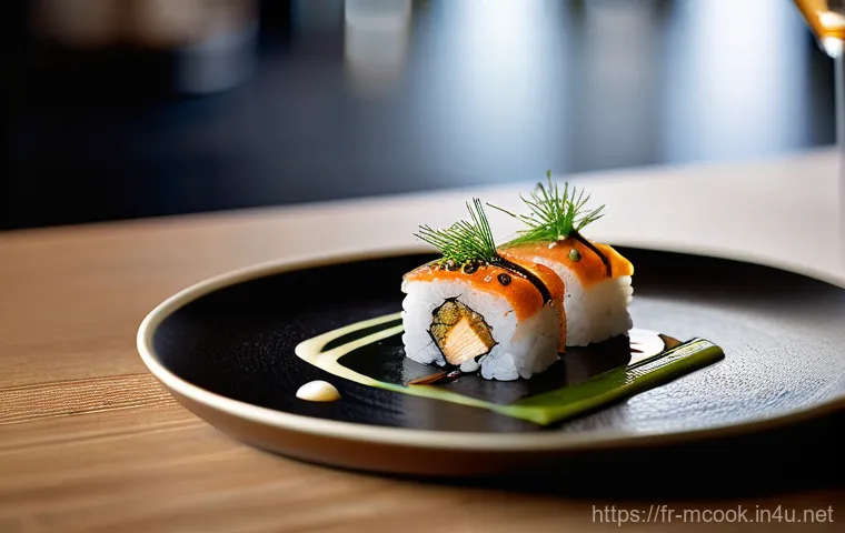다문화 요리사와 퓨전 요리 사례 - **Franco-Asian Elegance: Foie Gras Maki Fusion**
    A sophisticated, close-up shot of a Franco-Asia...