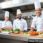 다문화 요리사 이직 성공 전략 - A professional multicultural chef in a modern French kitchen, skillfully blending classic French cul...