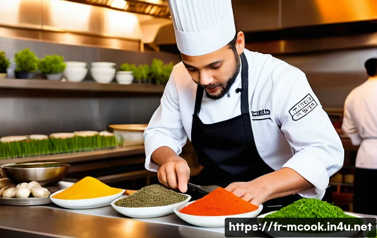 다문화 요리사 채용 공고 분석 - A vibrant, modern French restaurant kitchen bustling with a multicultural team of chefs, each wearin...