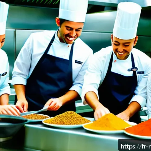 다문화 요리사의 리더십 스킬 - A vibrant multicultural professional kitchen scene featuring a diverse team of chefs wearing clean, ...