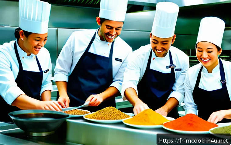 다문화 요리사의 리더십 스킬 - A vibrant multicultural professional kitchen scene featuring a diverse team of chefs wearing clean, ...