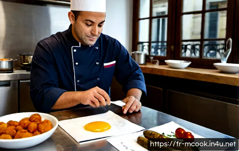 다문화 요리사로서 겪는 문화 충격 - Photorealistic multicultural chef in a bright Parisian bistro kitchen, pausing thoughtfully while co...