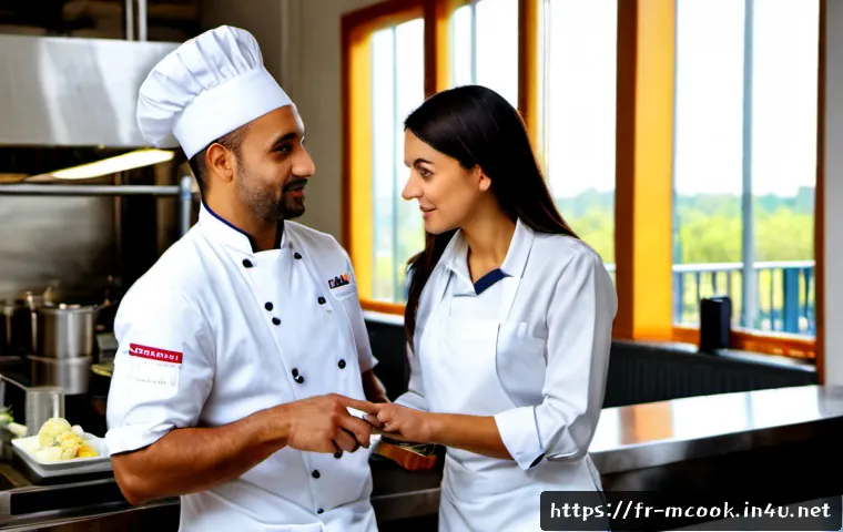 Home 17 다문화 요리사의 고용 안정성 - Photorealistic French restaurant kitchen, a confident multicultural chef in clean white uniform and ...