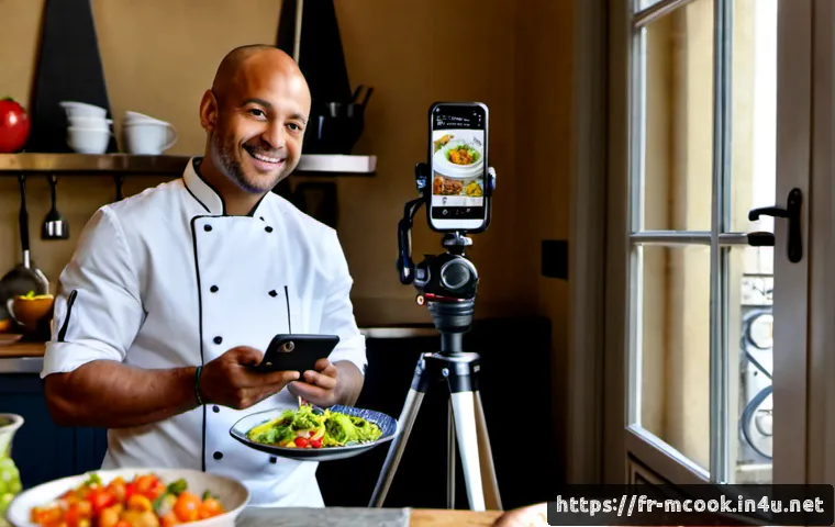 다문화 요리사와 소셜 미디어 활용법 - Photorealistic multicultural chef in a bright Parisian bistro kitchen, smiling while filming a color...