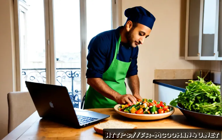 Home 17 다문화 요리사와 요리 블로그 운영 - Photorealistic editorial kitchen scene in a bright Paris apartment, a multicultural chef with French...