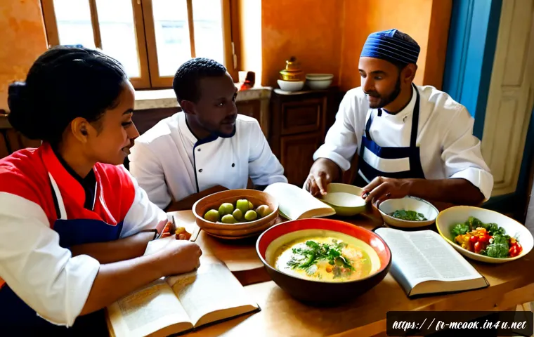 다문화 요리사 추천 도서 - Photorealistic French home kitchen scene, a multicultural group of chefs from North African, West Af...