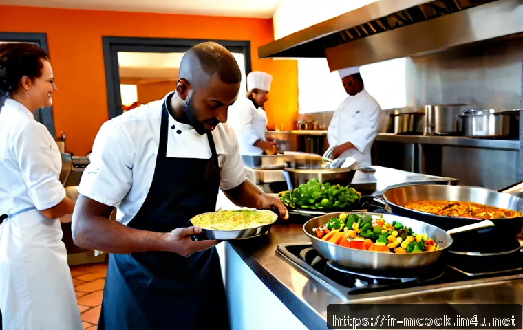 Home 17 다문화 요리사로 이직하기 좋은 회사 - Photorealistic professional kitchen in a welcoming French restaurant, a diverse team of adult chefs ...